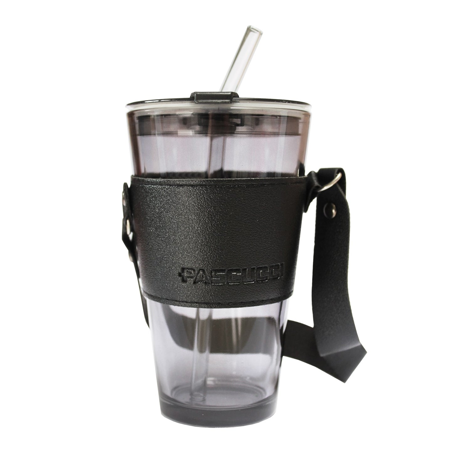 To Go glass –                              glass and black leather