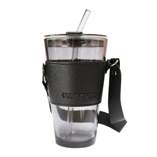 To Go glass –                              glass and black leather