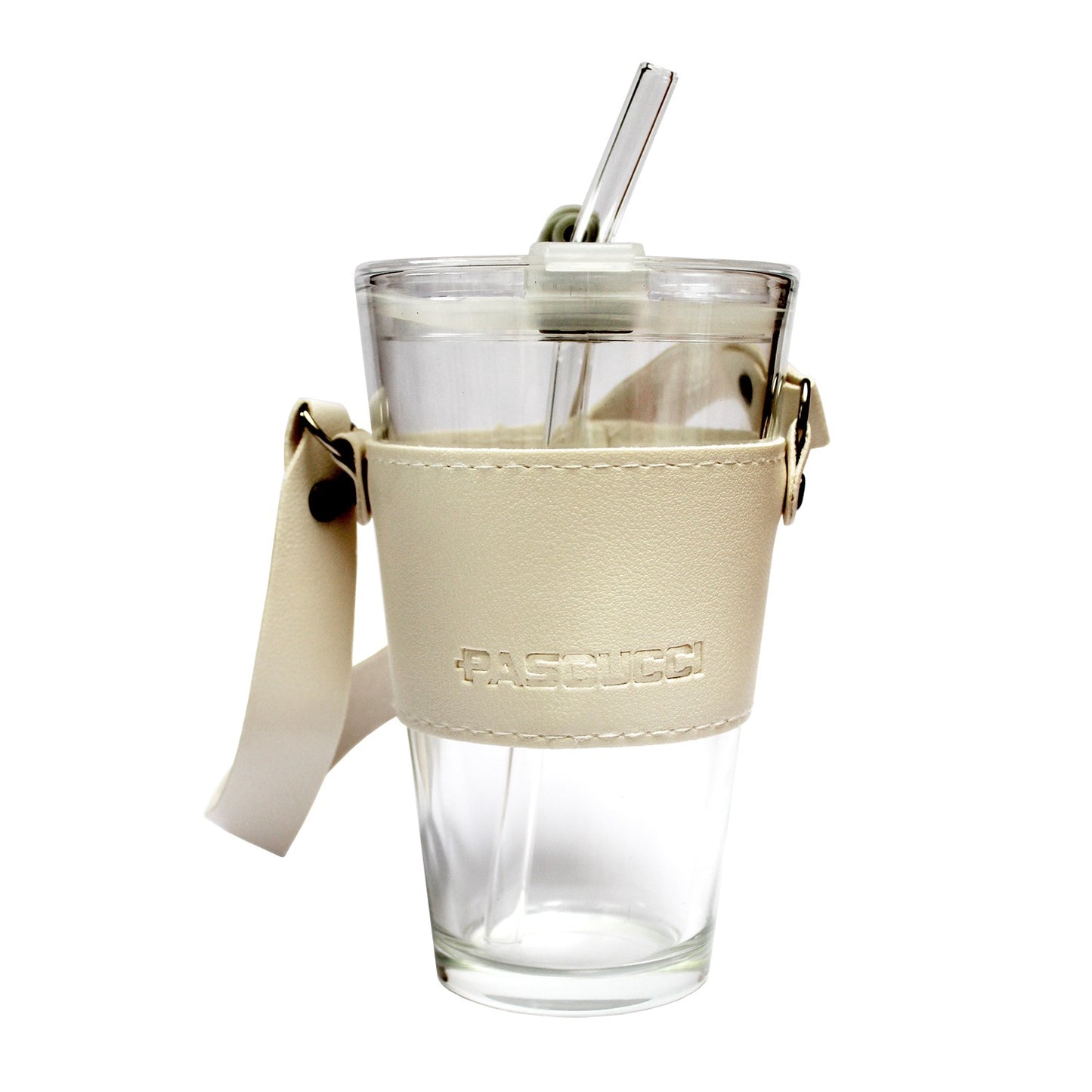 To Go glass –                              glass and black leather